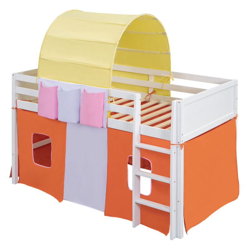Twin Size Loft Bed with Tent and Tower and Three Pockets Orange