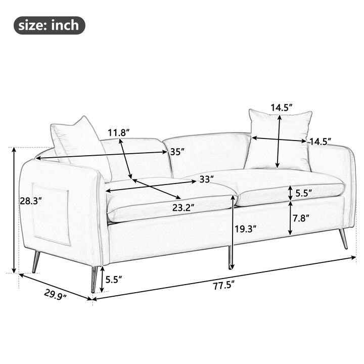 77.5" Velvet Upholstered Sofa with Armrest Pockets, 3-Seat Couch with 2 Pillows and Golden Metal Legs
