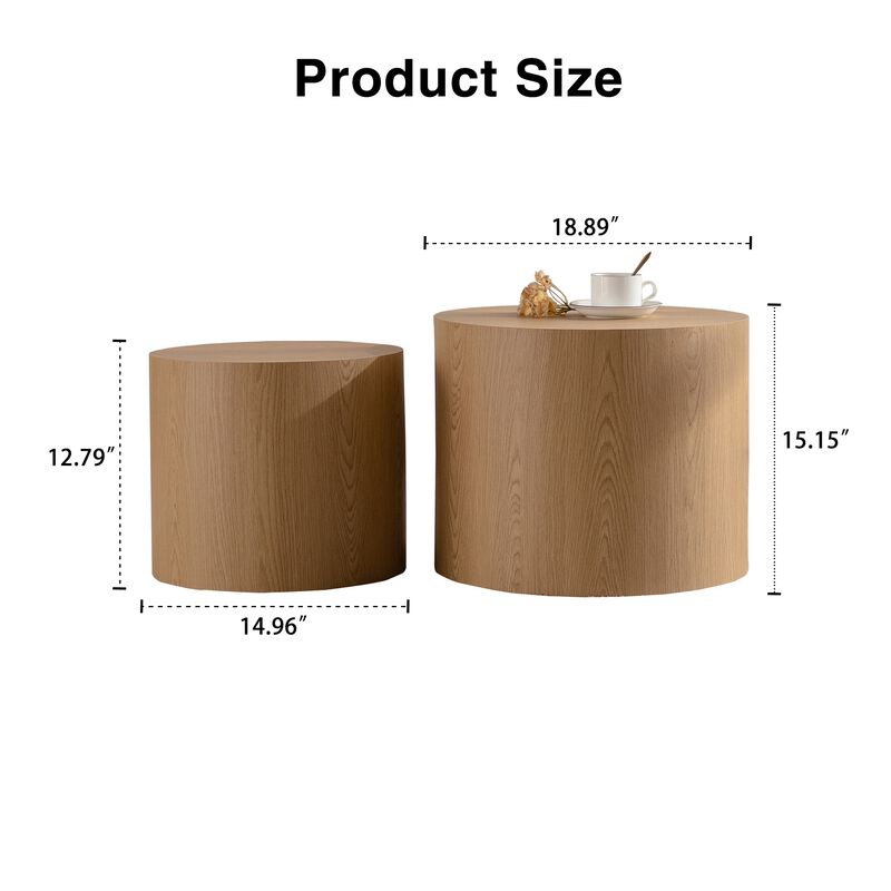 Modern Round Drum Nesting Coffee Table Set of 2, Wooden Cylinder Coffee Tables for Living Room, Space-Saving Design image number 6
