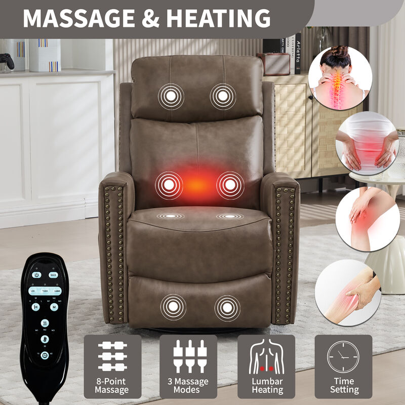Gnuine Leather Heat Massage Manual Recliner Chair with Rocker and Swivel image number 2