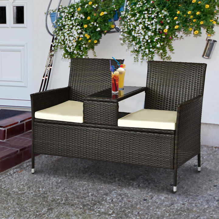 Outdoor Patio 2 Seat Rattan Wicker Chair Bench with Tea Table Padded Sofa