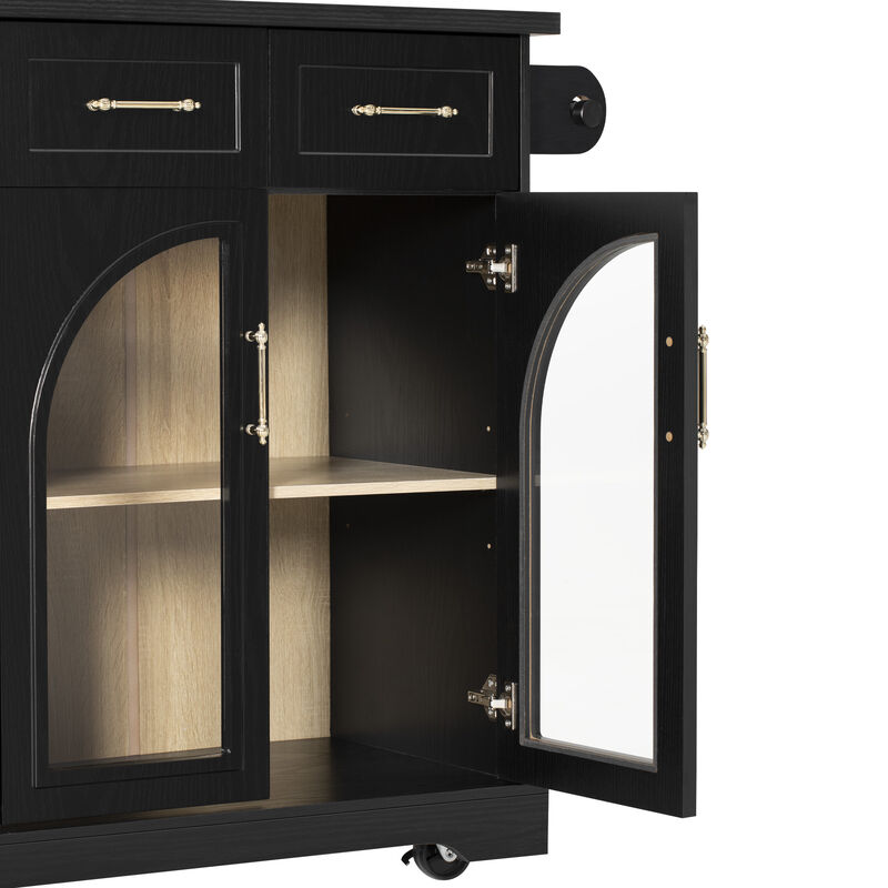 Merax Rolling Kitchen Island with Arched Tempered Glass Display Cabinets, Adjustable Shelves image number 6