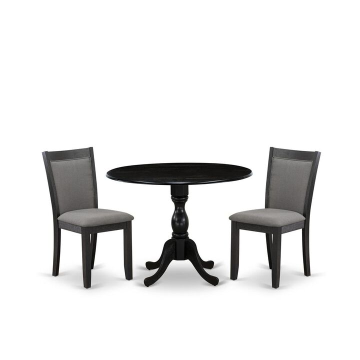 East West Furniture 3-Pc Dinette Set Includes a Wood Dining Table with Drop Leaves and 2 Dark Gotham Grey Linen Fabric Kitchen Chairs - Wire Brushed Black Finish