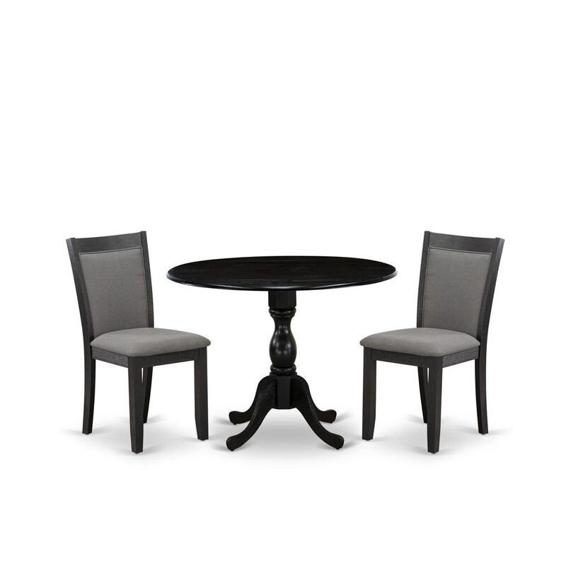 East West Furniture 3-Pc Dinette Set Includes a Wood Dining Table with Drop Leaves and 2 Dark Gotham Grey Linen Fabric Kitchen Chairs - Wire Brushed Black Finish