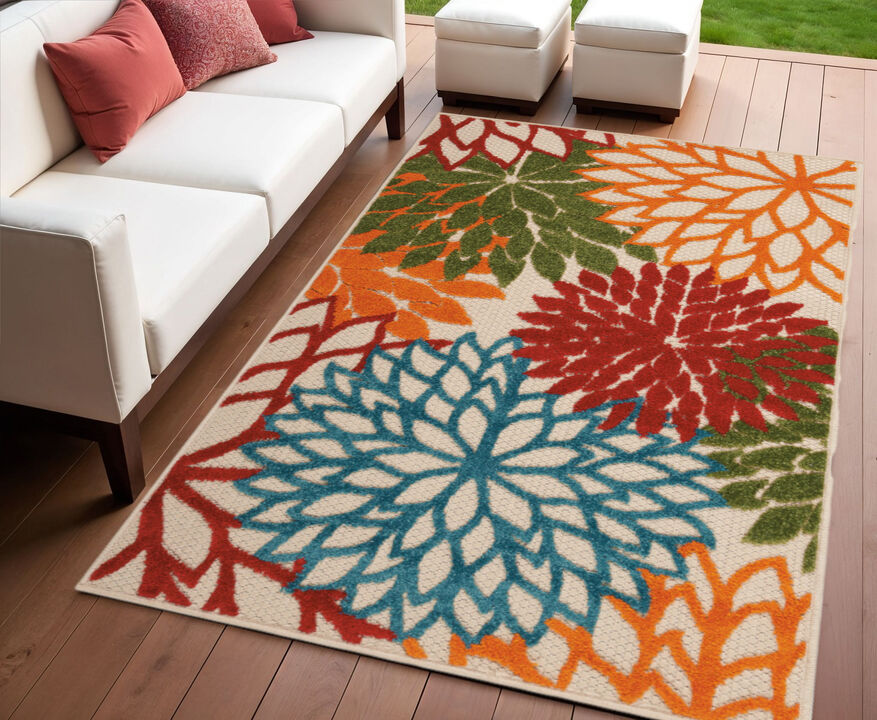 HomeRoots 3' X 4' Green Orange And Red Floral Indoor Outdoor Area Rug