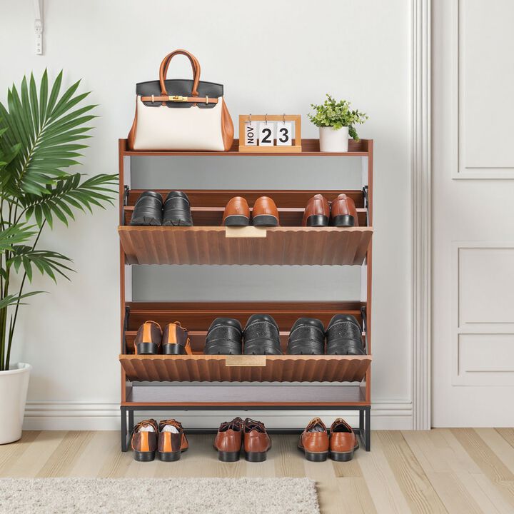 Mid-Century 2-Drawer Shoe Cabinet with Anti-Tip, Freestanding Walnut Shoe Rack