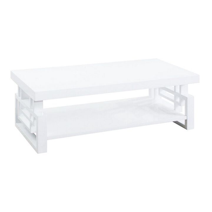 Contemporary Wooden Coffee End Table With Designer Sides & Shelf, Glossy White-Benzara