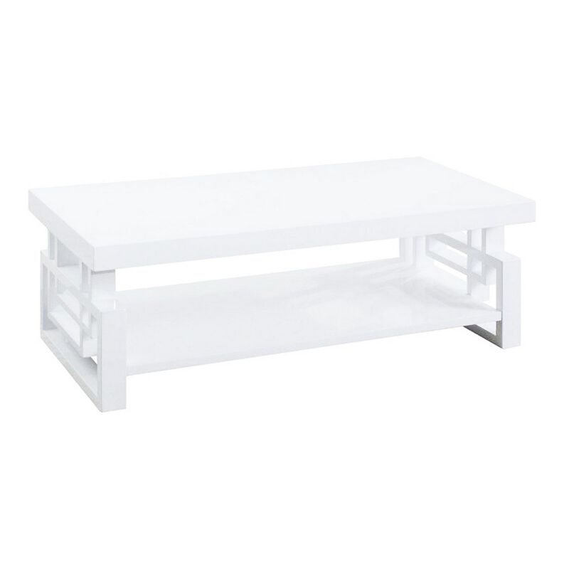 Contemporary Wooden Coffee End Table With Designer Sides & Shelf, Glossy White-Benzara