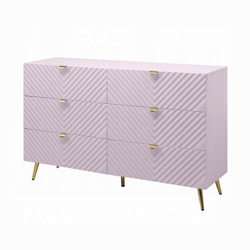 Tyra Wide Dresser, 6 Drawers, Gold Legs, Gloss Pink Chevron Pattern - Benzara