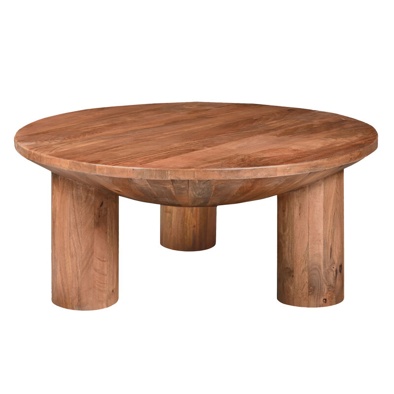 Meridian Coffee Table, 38 Inch Round Top, 3 Column Pillar Legs, Natural Brown Mango Wood image number 1