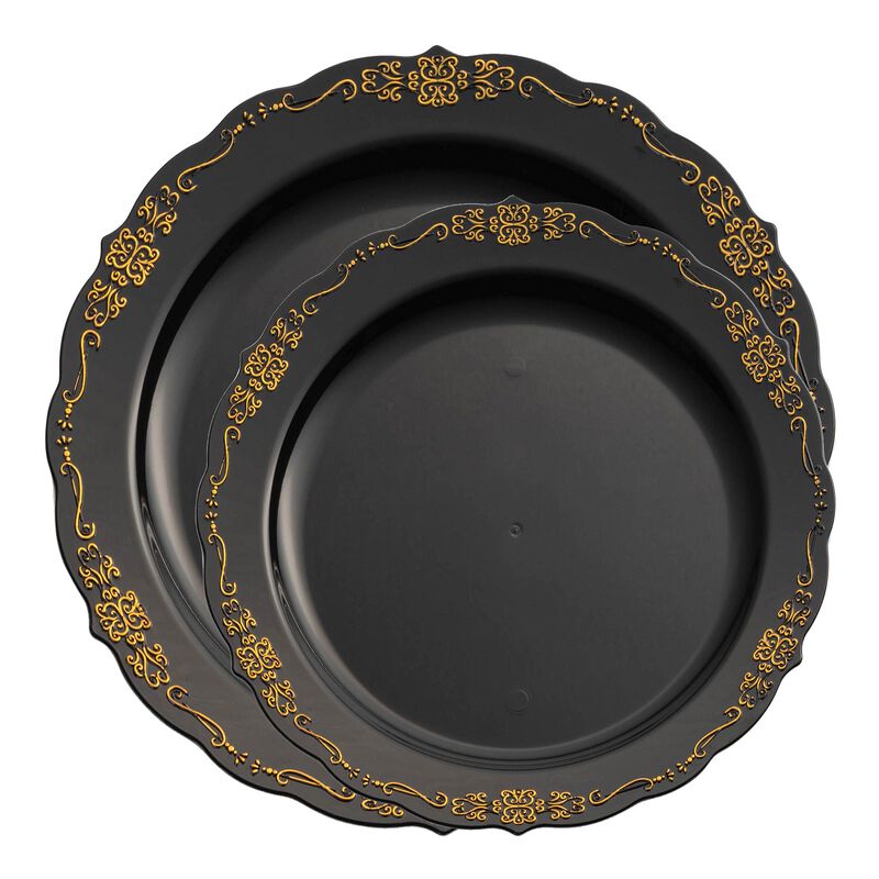 Black with Gold Vintage Rim Round Plastic Dinnerware Value Set (120 Sets) image number 0