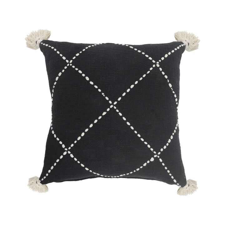 20" Black and White Geometric Tasseled Square Throw Pillow