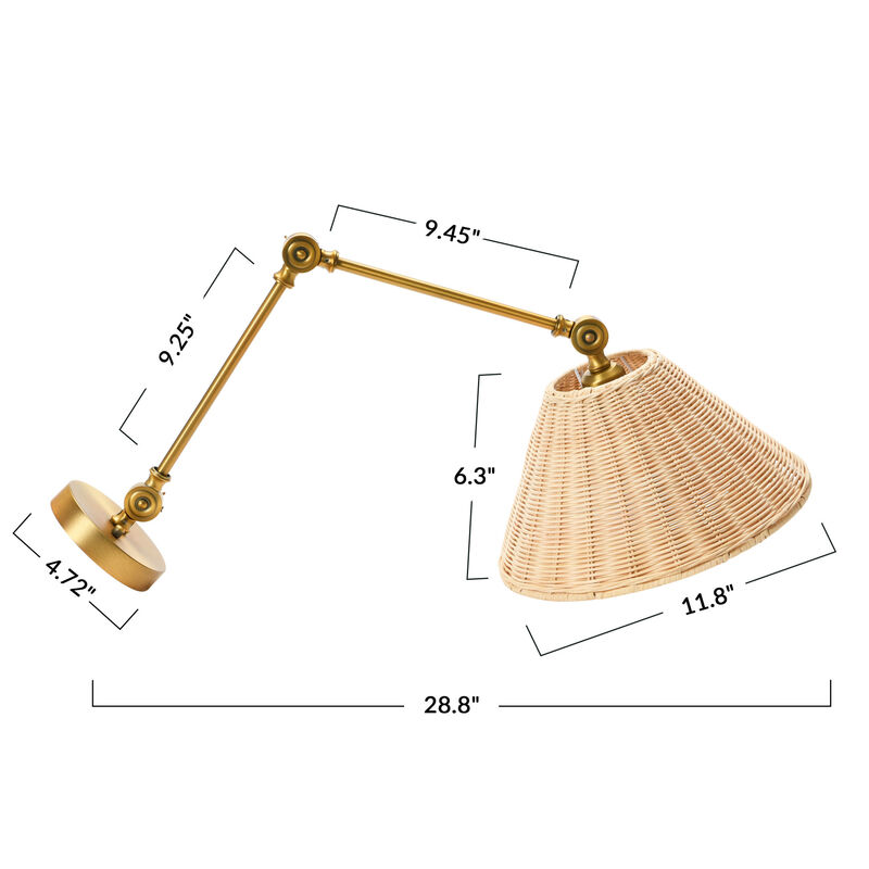Coastal Adjustable Wall Sconce with Neutral Beige Rattan Shades, Antique Metal Brass Finish image number 1