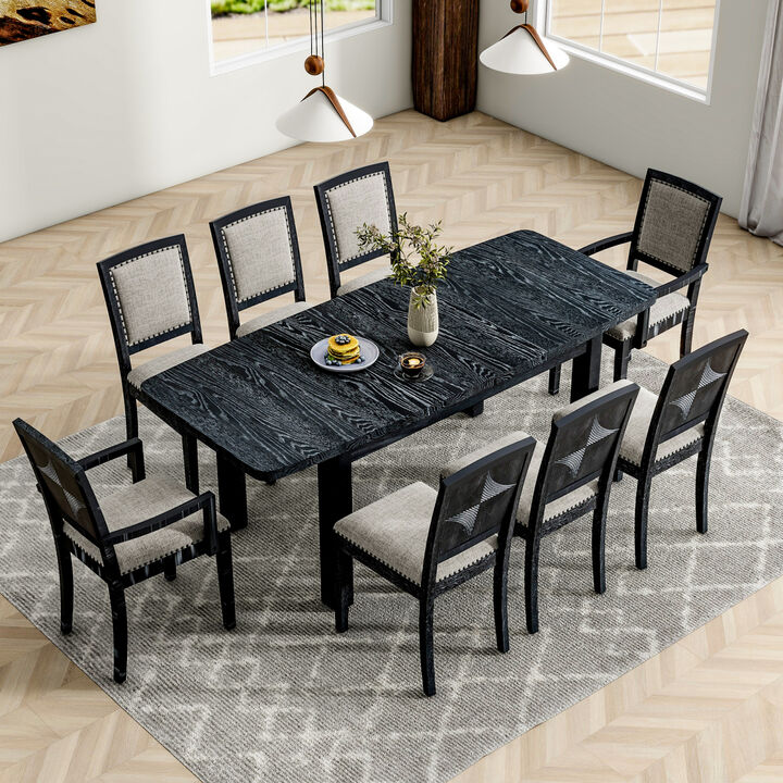 Rustic Extendable 84inch Dining Table Set with 24inch Removable Leaf, 6 Upholstered Armless Dining Chairs and 2 Padded Arm Chairs, 9 Pieces, Black