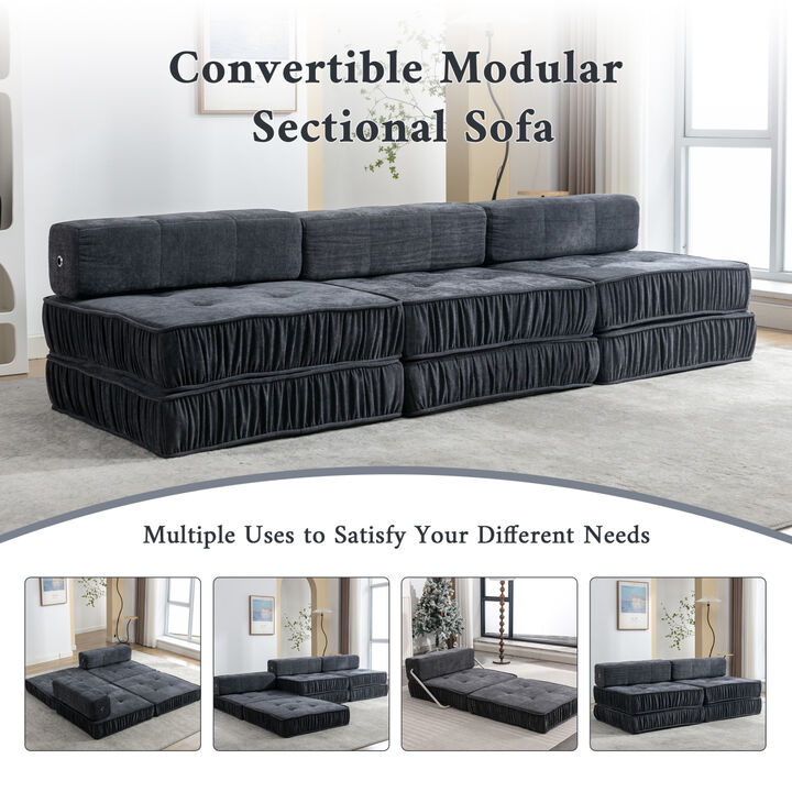 Modern Convertible Modular Sectional Sofa, Minimalist Chenille Sofas Couches, Accent Armless Chair with Removable Back Cushion for Living Room, Bedroom Office, Apartment, Small Space, Grey, 1 Seat