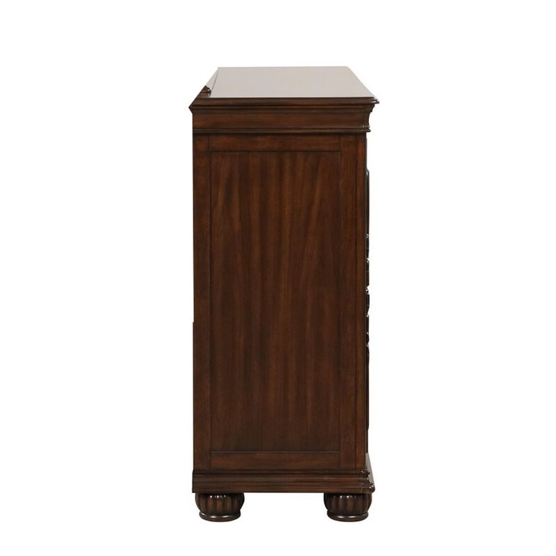 Benjara Brown Akil 64 Inch Wide Dresser with 9 Drawers, Floral Carved Cherry Wood