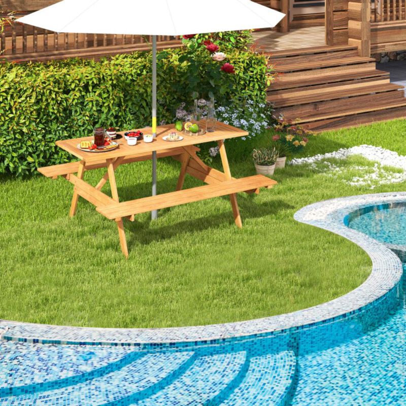 Hivvago 6 Person Picnic Table Set Patio Rectangle with 2 Built-in Benches and Umbrella Hole