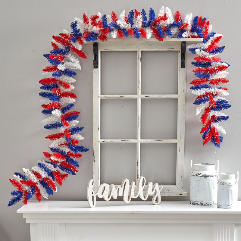 HomPlanti 9" Patriotic "American Flag" Themed Artificial Garland with 50 Warm LED Lights