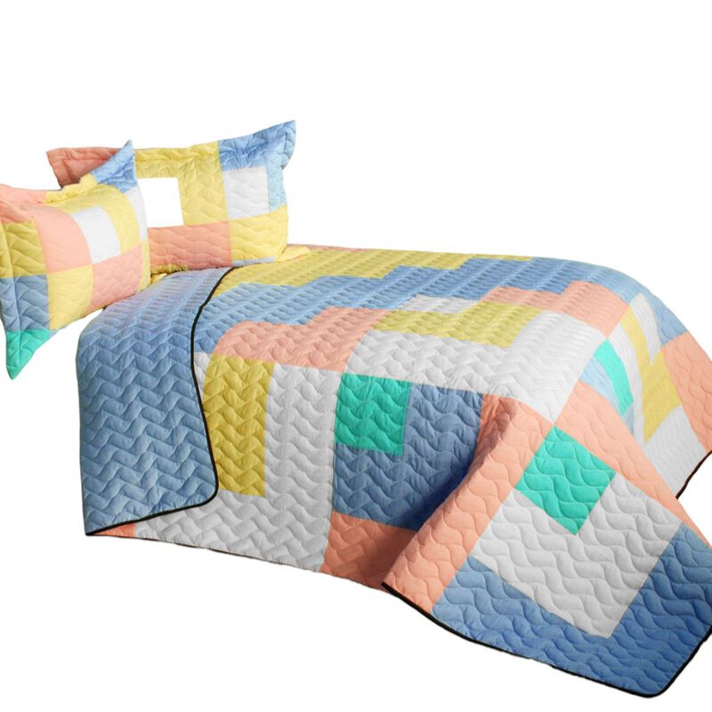 Queen Size 3-Piece Vermicelli Quilted Patchwork Quilt Set with Matching Shams image number 1