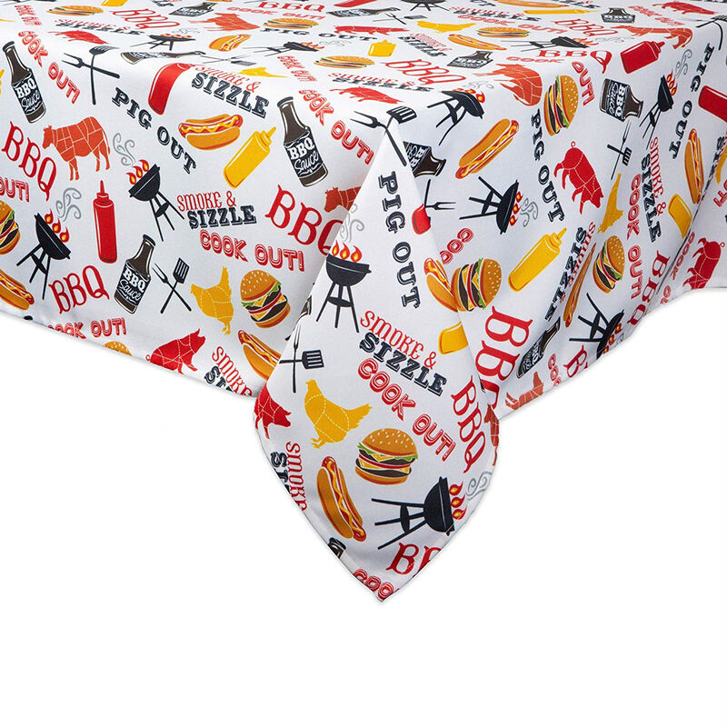 120" White and Yellow Barbeque Themed Rectangular Outdoor Tablecloth