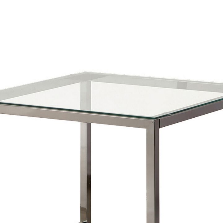 Glass Top End Table with Metal Frame and Open Shelf, Nickel-Benzara