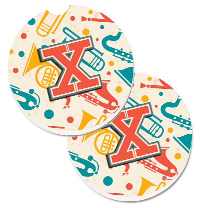 Caroline's Treasures Letter x Retro Teal Orange Musical Instruments Initial Set of 2 Cup Holder Car Coasters CJ2001-XCARC, 2.56, Multicolor