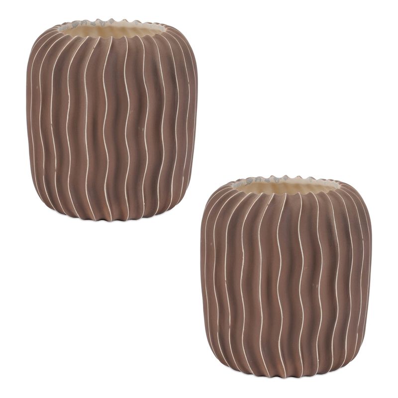 Set of 2 Wavy Ribbed Ceramic Vases for Modern Shelf, Tabletop, or Mantel Decor