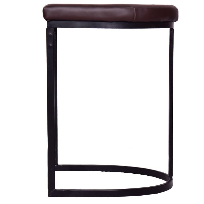 26 Inch Counter Height Stool with Vegan Faux Leather Upholstery, Black Iron Frame, Dark Brown-Benzara