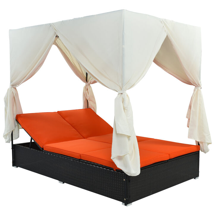 Merax Patio Daybed with 2 Separate Cushions, Adjustable Recline, Curtains for Sun Blocking
