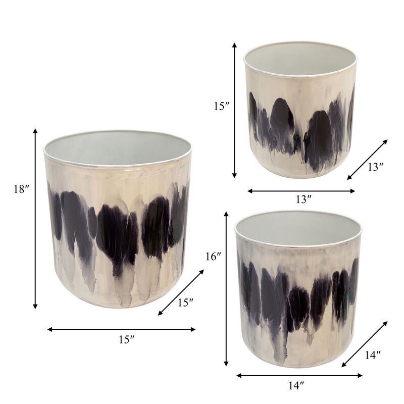 13, 14, 15 Inch Planters, Set of 3, Abstract Design, White and Black Metal - Benzara