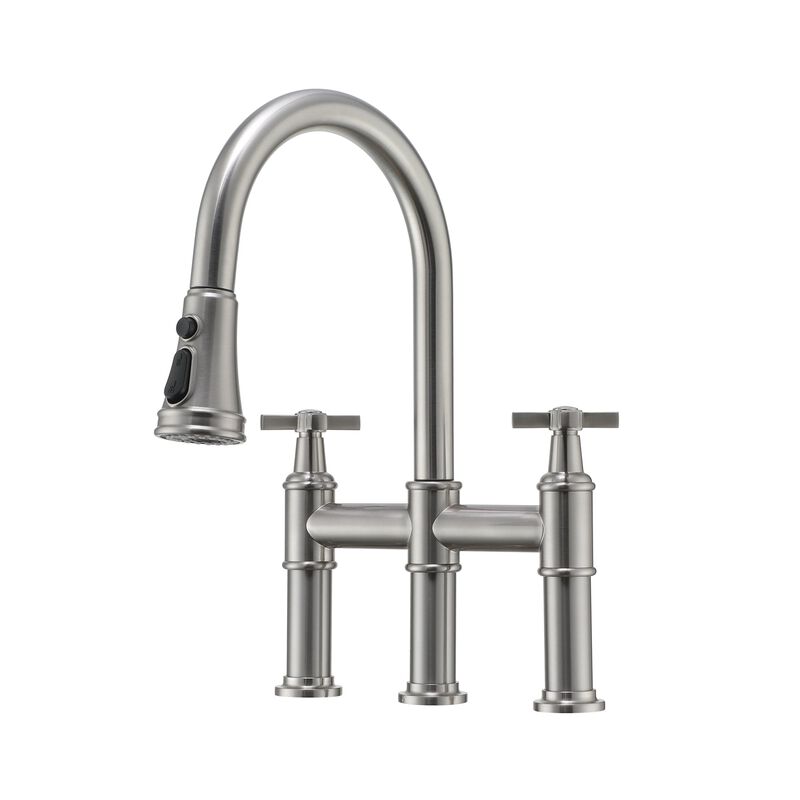Mondawe Bridge Kitchen Faucet 3 Way Spray Function, High Arc Kitchen Faucet with Pull Down Sprayer 2 Handles 8 inch Widespread 360 Swivel Spout