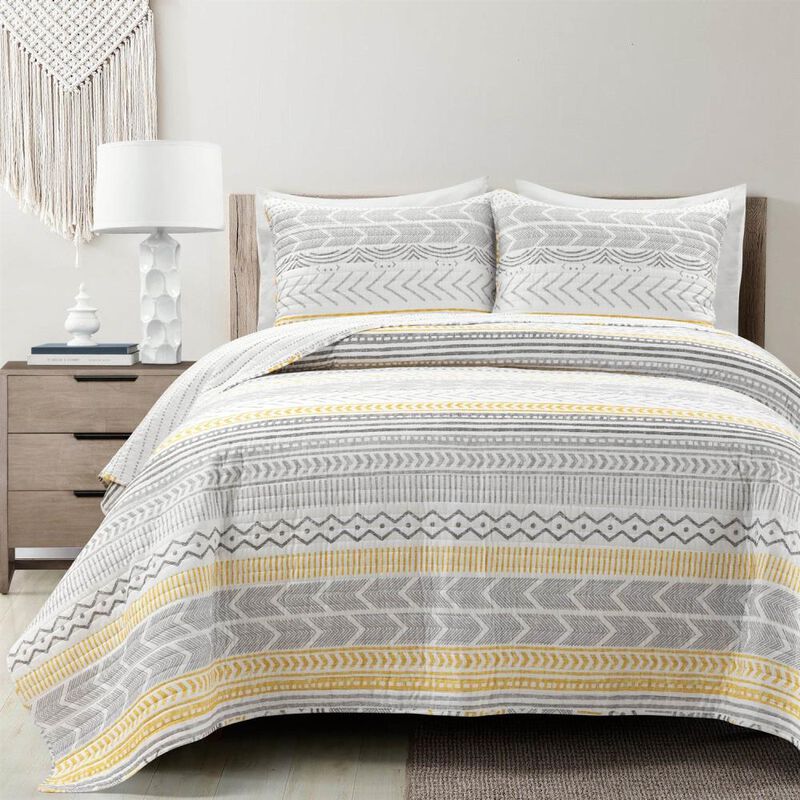 Hivvago Full/Queen Scandinavian Grey/Yellow Reversible Cotton Quilt Set