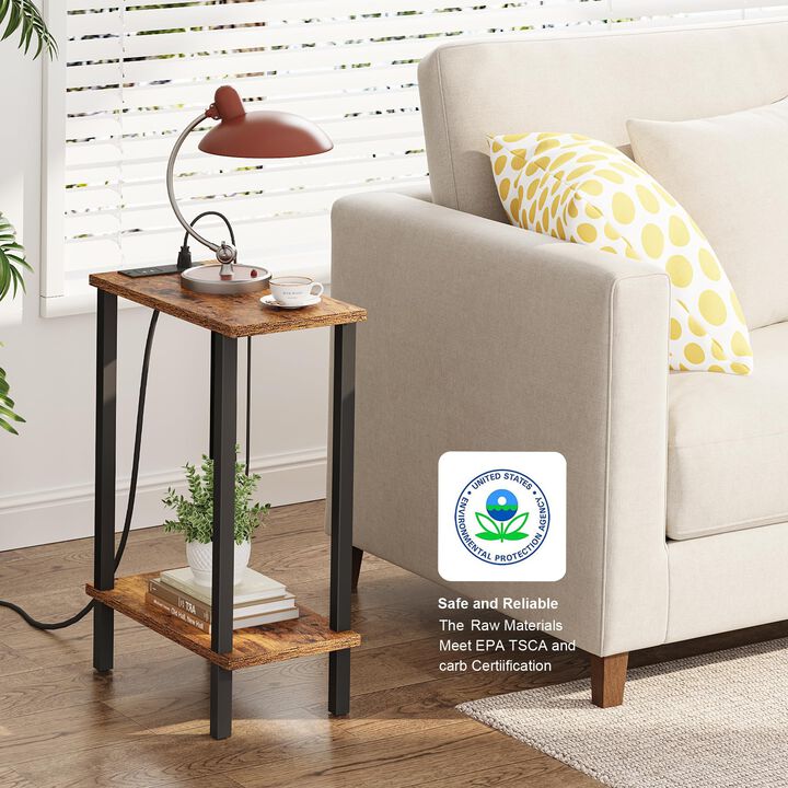 TUTOTAK Small End Table with Charging Station, Narrow Side Table with USB Ports and Outlets, Skinny Sofa Table, Slim Nightstand,