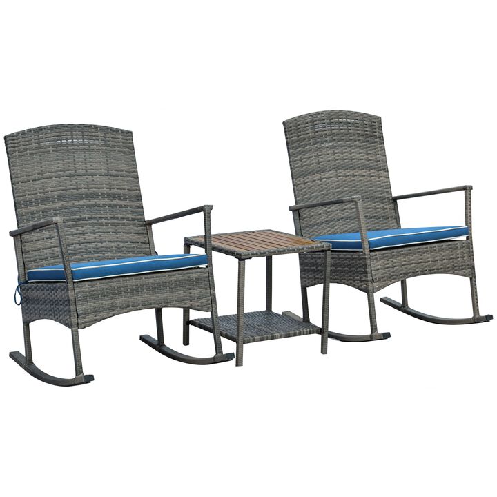 Blue 3 Pieces Outdoor PE Rattan Rocking Chair Set, Patio Wicker Recliner Rocker Chair with Soft Cushion & Coffee Table, for Porch