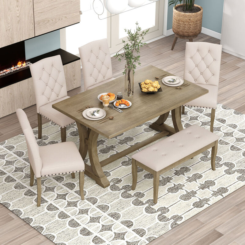 Whisen 6-Piece Farmhouse Dining Table Set with 4 Upholstered Chairs and Bench for Dining Room image number 1