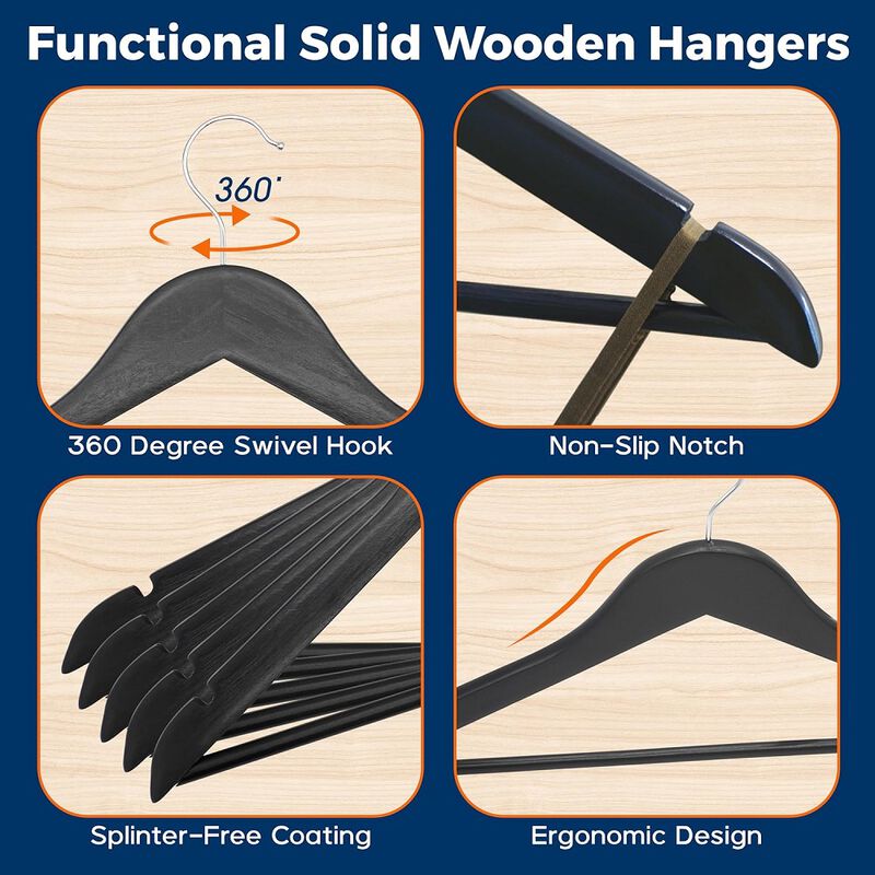 Wooden Clothes Hangers - 10 Pack, Durable, Non-Slip, Space-Saving Hangers for Dresses, Coats, and More, Holds Up to 10 lbs with 360&deg; Swivel Hook, Black Finish