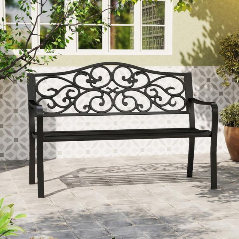 Hivvago 50 Inches Outdoor Cast Iron Metal Patio Bench with Floral Design Backrest and Slatted Seat