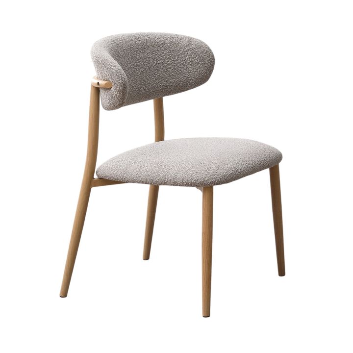 Kacie Side Dining Chair Set of 2, Gray Boucle, Natural Brown Wood - Benzara