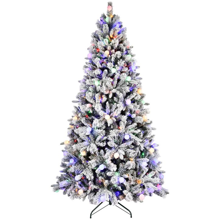 7.5 ft. Flocked Christmas Tree with LED Lights 1523 Tips Memory Wire Hinged with Metal Stand