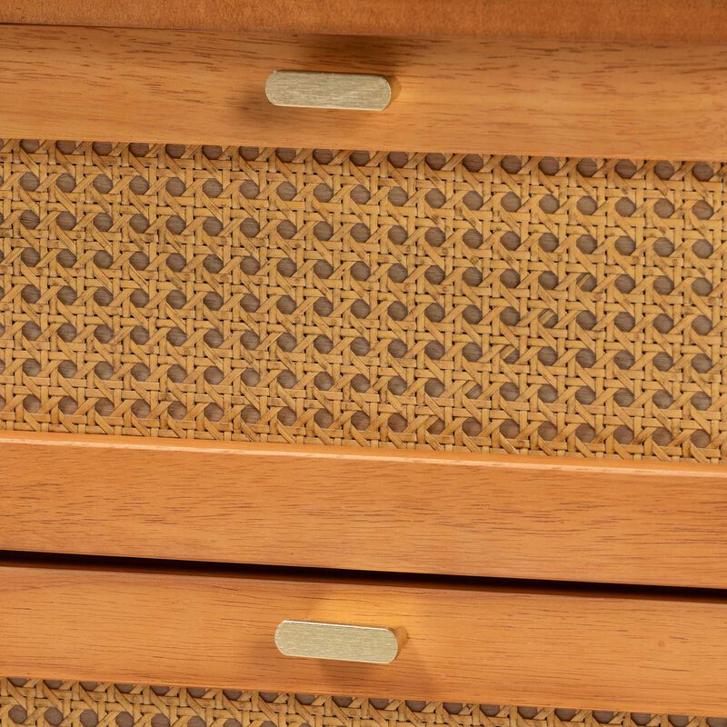 Baxton Studio Jenn Golden Brown Wood Japandi 2 Drawer Nightstand with Distressed Finished Rattan