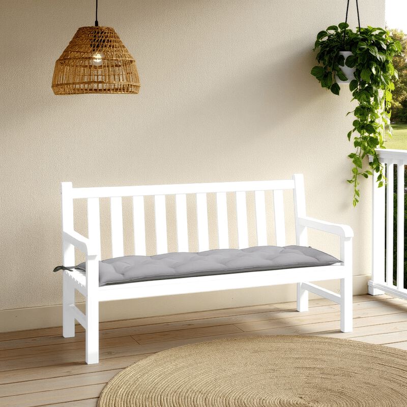 Claire Outdoor Cushion for Bench w Tie Ropes, 59in Gray Tufted Oxford - Benzara