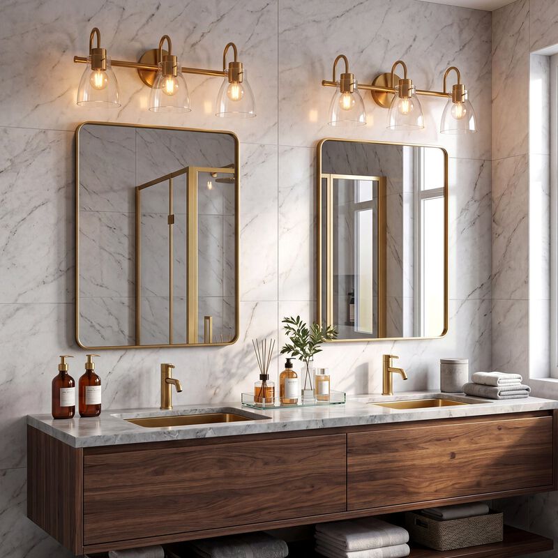Brushed Brass Bathroom Vanity Light, Three-Light Clear Glass Shades image number 5