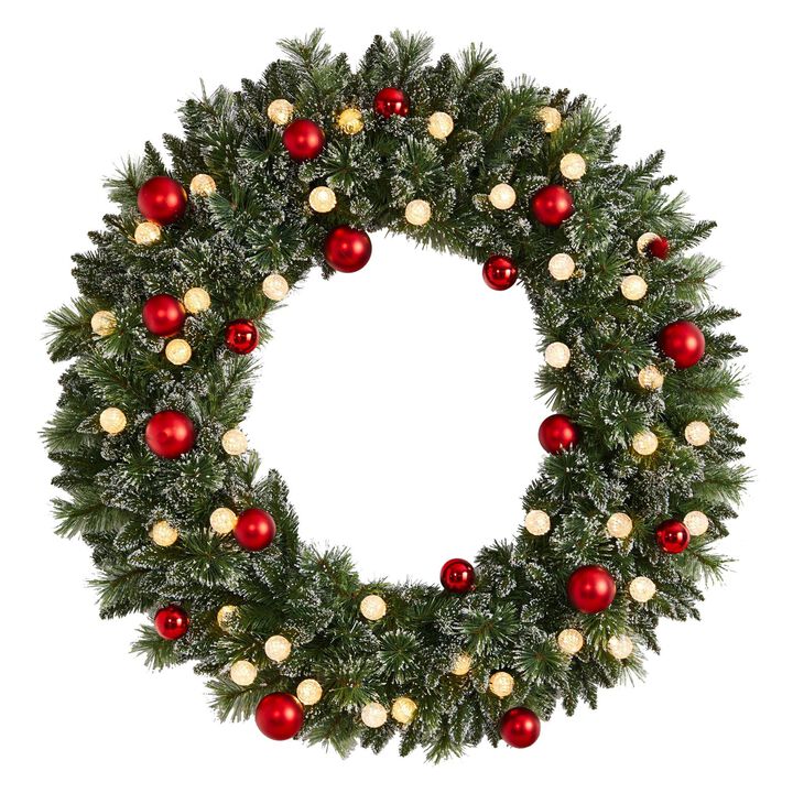 Nearly Natural 4-ft Oversized Pre-Lit Frosted Holiday Christmas Wreath with Ornaments and 40 LED Globe Lights