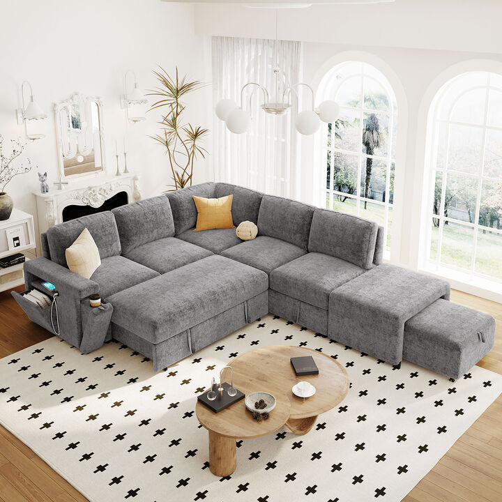 Merax Modular L-Shape Sofa Bed with Hidden Storage, USB Charging & Cup Holders