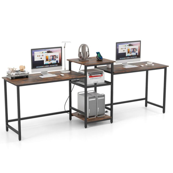 Hivvago 2-Person Computer Desk with Power Outlet and Printer Stand
