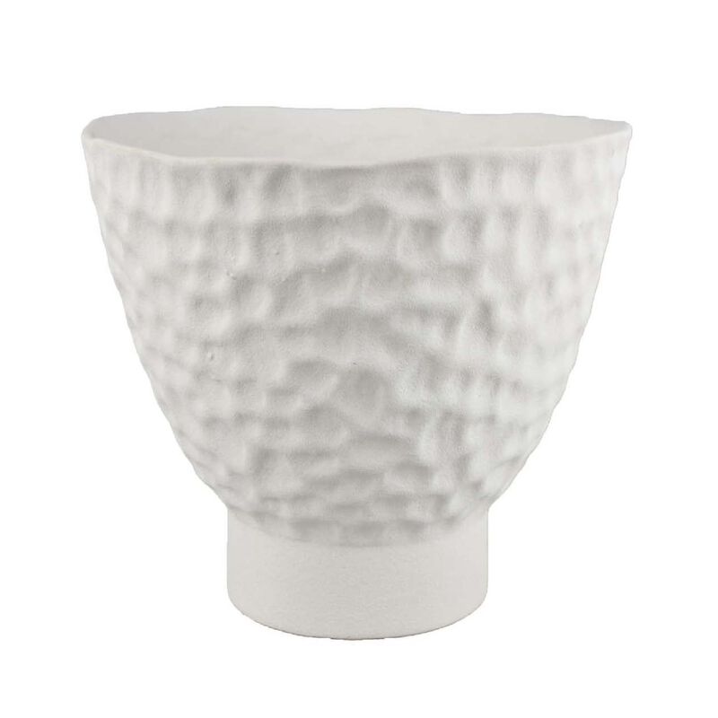 Decorative Bowl Shaped Planter, Hammered White Ceramic 12 Inch