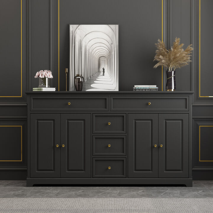 Black Wood 59.1 in. W Sideboard with 2-Large Drawers, 3-Small Drawers and 2-Cabinets 33.5 in. H x 15.7 in. D