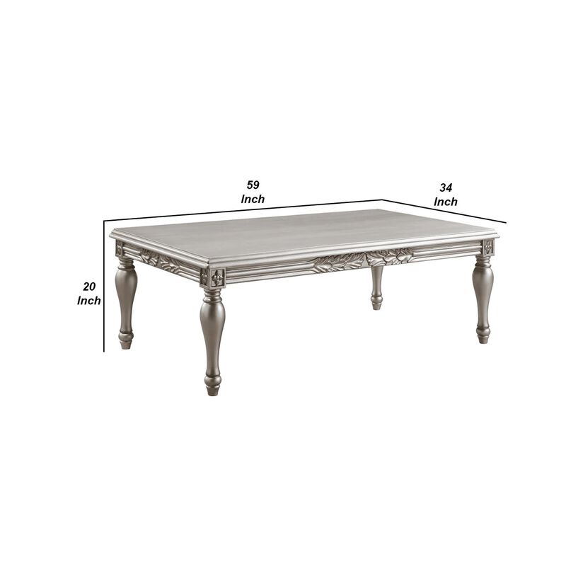 Sto 59 Inch Classic Coffee Table, Floral Trim, Turned Legs, Wood, Silver-Benzara image number 5