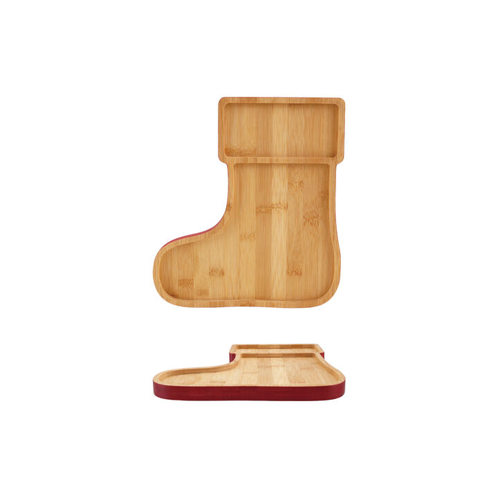 Bamboo Christmas Stocking Serving Tray &ndash; 2-Section Holiday Cheese Board with Red Accent Trim