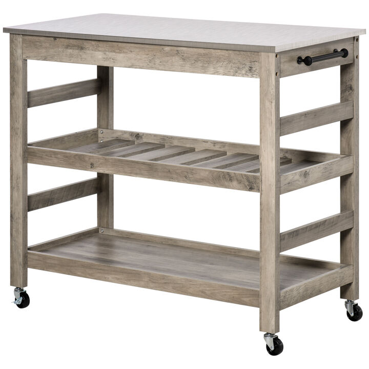 Wood Grain Serving Cart with 1 Bottom Shelf and 1 Middle Slotted Shelf, Grey